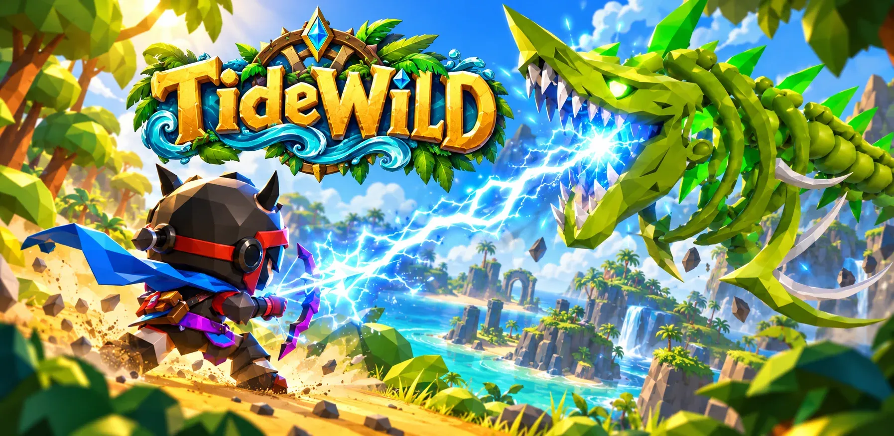 Tidewild featured art: the hero draws a lightning bow against the green Bone Dragon