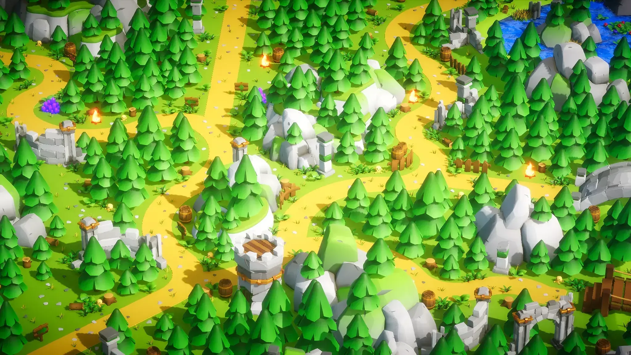 Golden paths through pine forest, with ruins, campfires and a watchtower