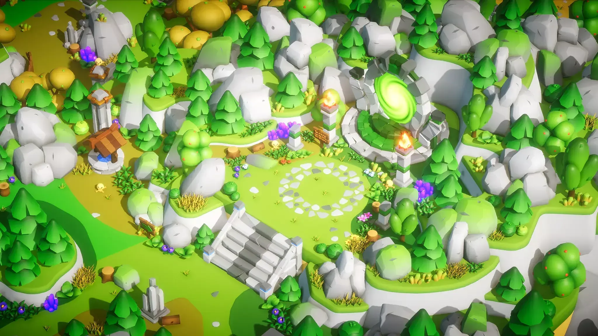 A glowing green portal in a stone ring, surrounded by forest and cliffs
