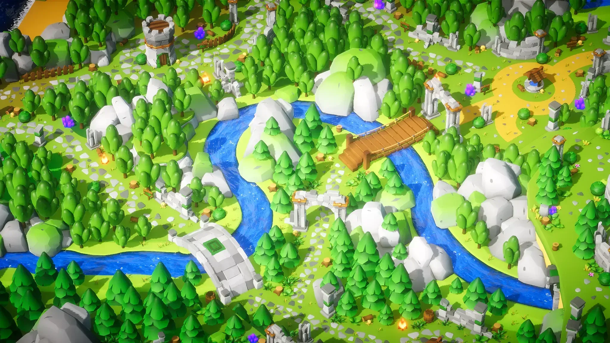 A blue river winding through forest, crossed by a wooden and a stone bridge