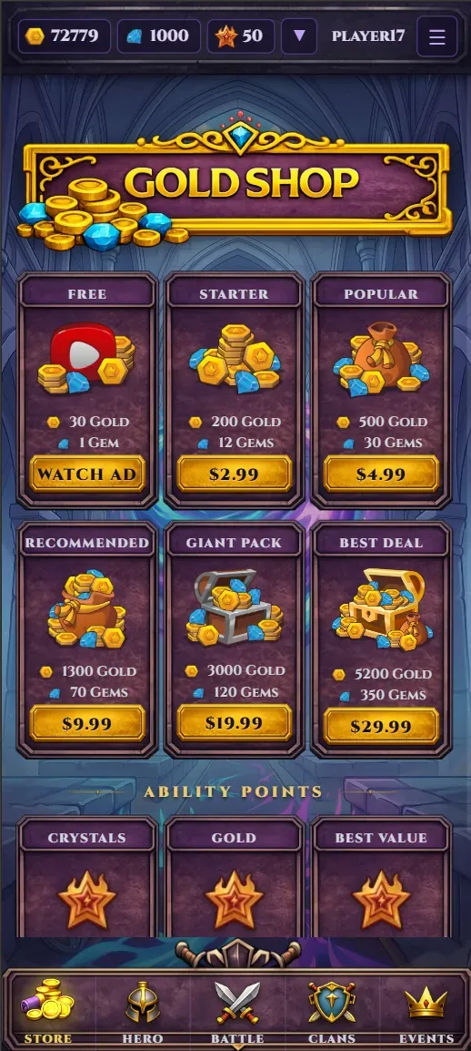 HeroBond screenshot — Store · Currency &amp; packs